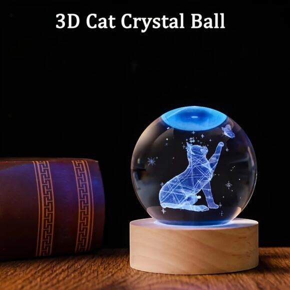 3D Crystal Ball Night Light Cat Color Change LED 6cm NWT Modern Decor - Picture 1 of 6